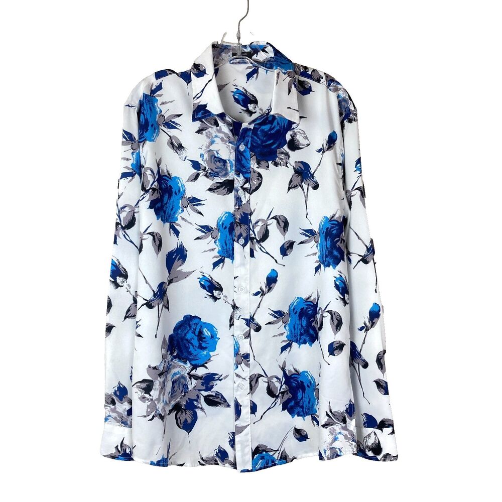 Coofandy Men's Button Down Satin Shirt Size M White Blue Floral Casual Formal